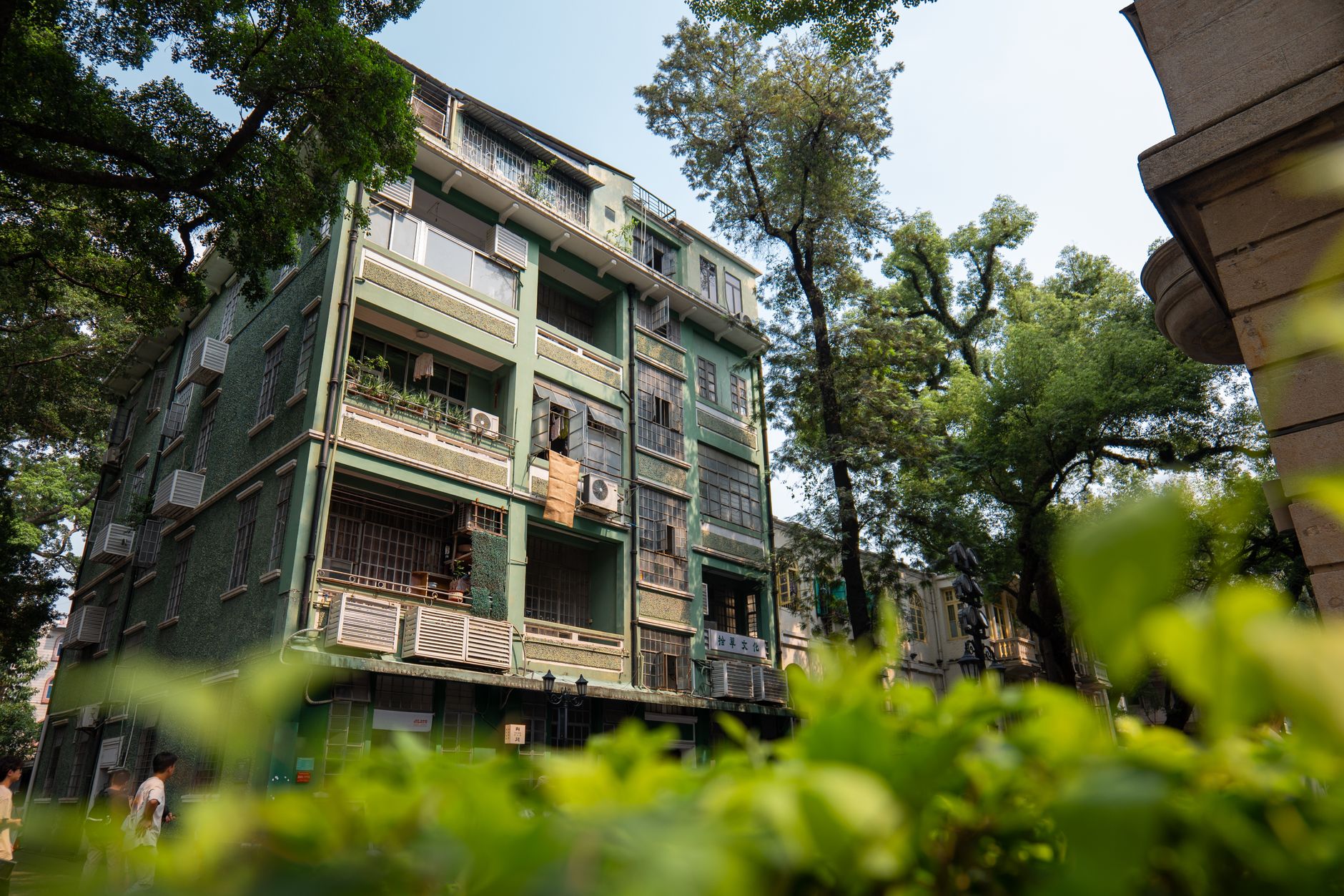 Urban apartment building with greenery and trees in a bright outdoor setting.