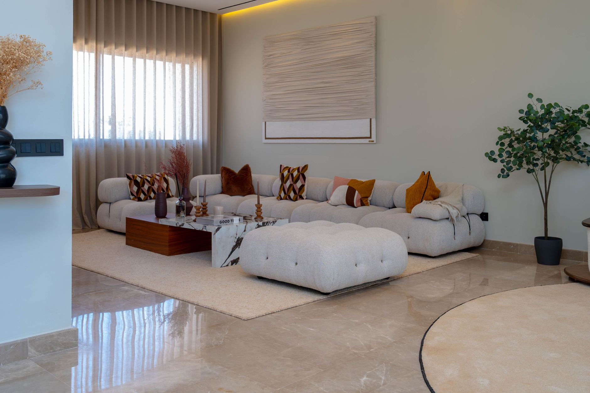 Stylish living room featuring a modern sofa, decorative cushions, and a lush plant, creating a cozy atmosphere.